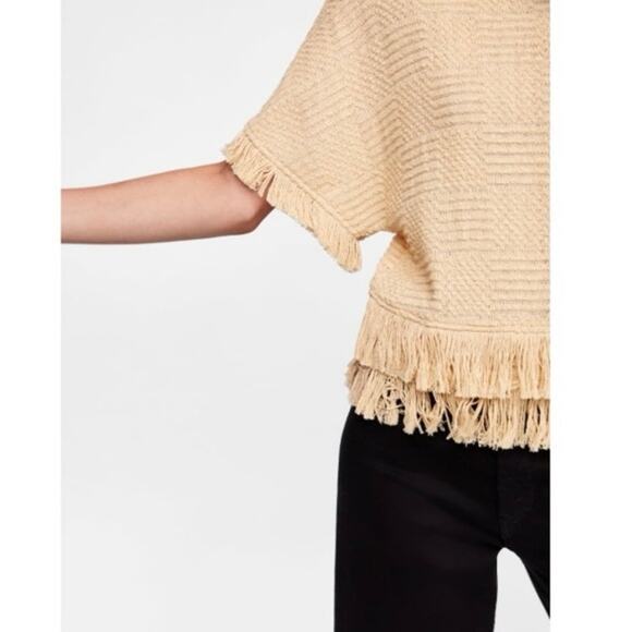 Zara Cream Beige Tweed Knit Fringe Crewneck Short Sleeve Sweater Top Size XS - Picture 3 of 11